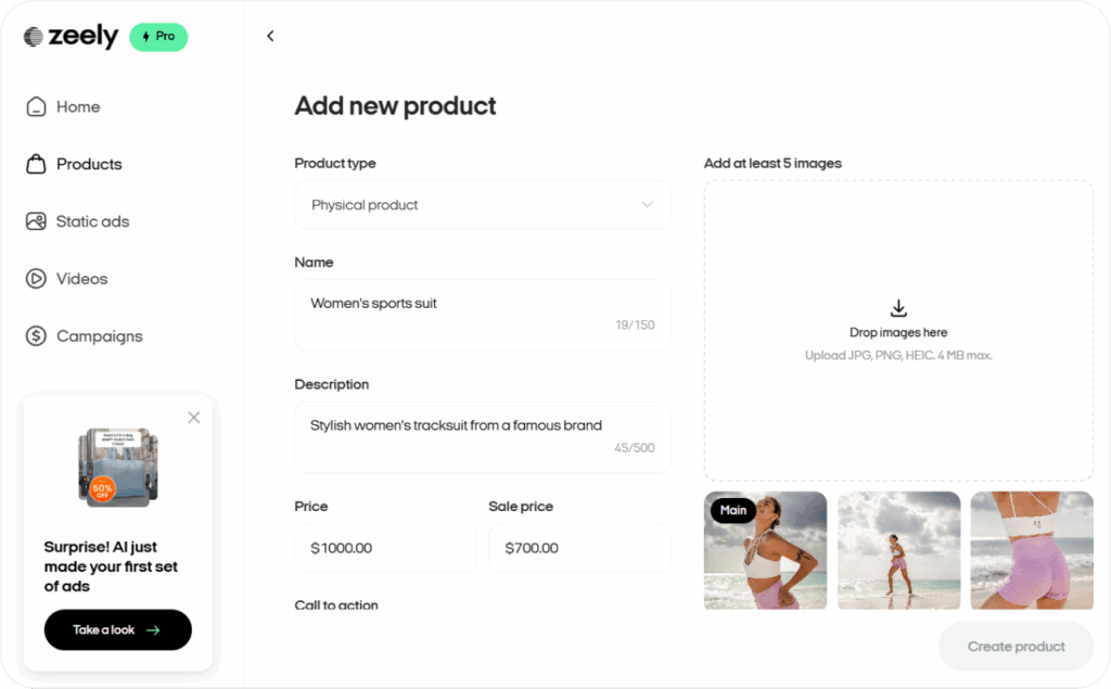 Zeely AI interface when adding a product link