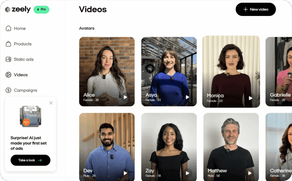 Screenshot from the Zeely web. The screenshot shows AI avatars offered to the user to create a video