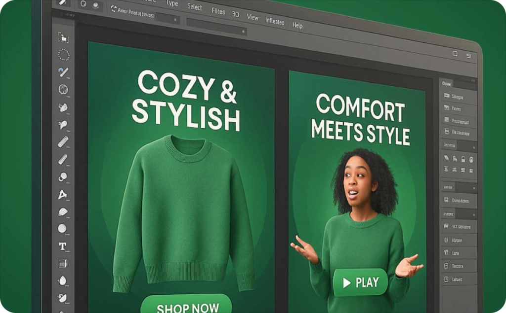 Green sweater and a woman in the green sweater in photo editor app