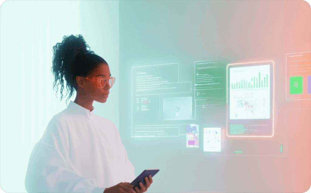 A girl in white clothes, orange glasses and black hair tied up. She is standing in a room with projections of graphs on the wall. The girl is holding a tablet in her hands.