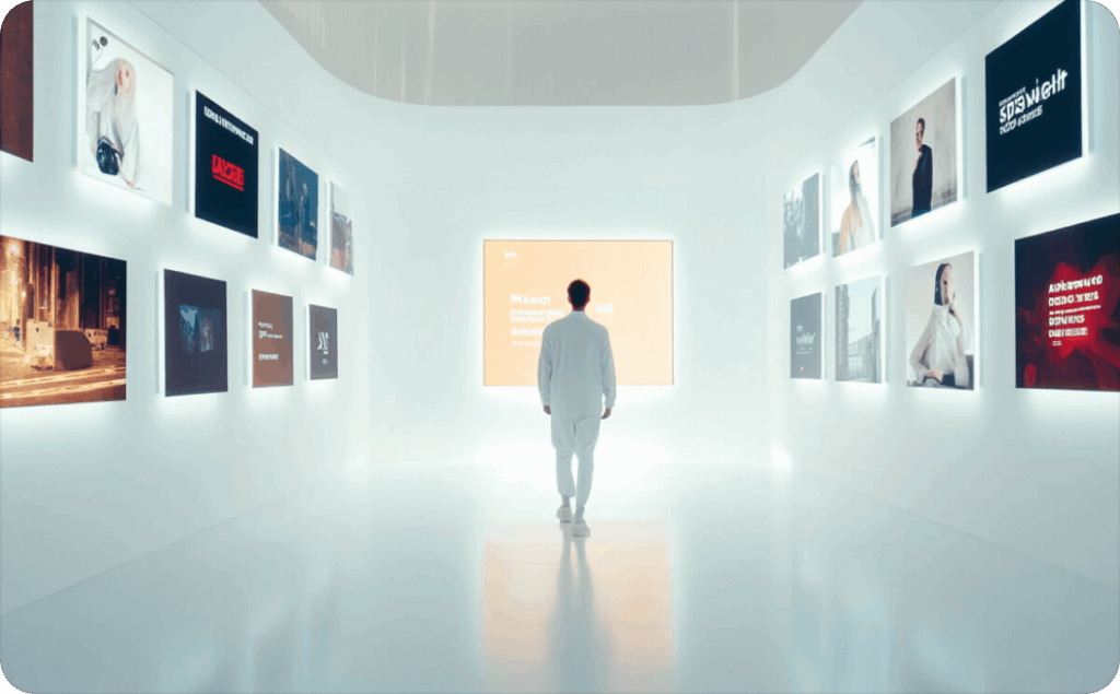 A man in white clothes walks through a white room towards a screen. There are screens hanging on the walls of the room.