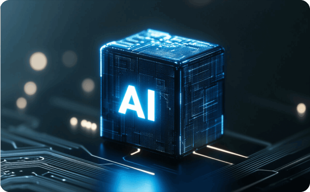 Blue cube with glowing AI inscription