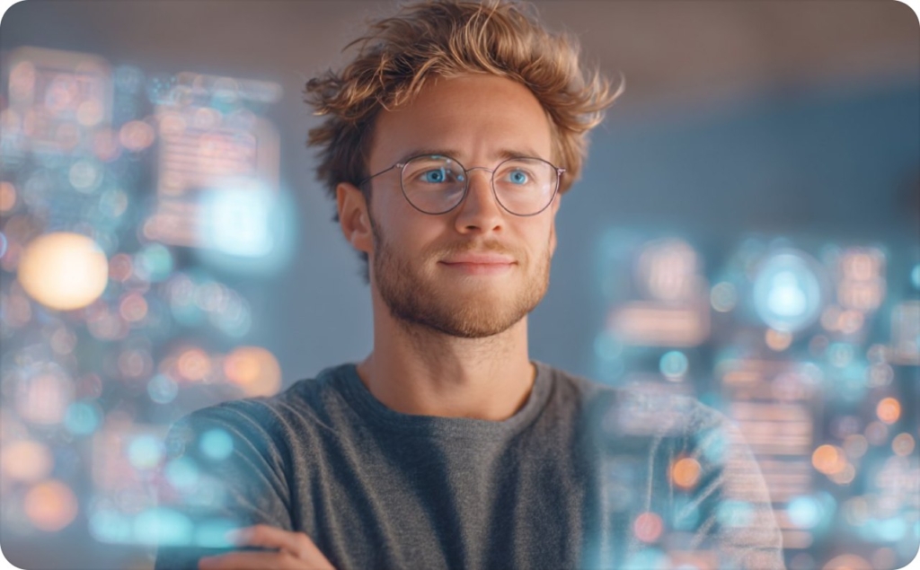A man in a gray T-shirt with blond hair and glasses