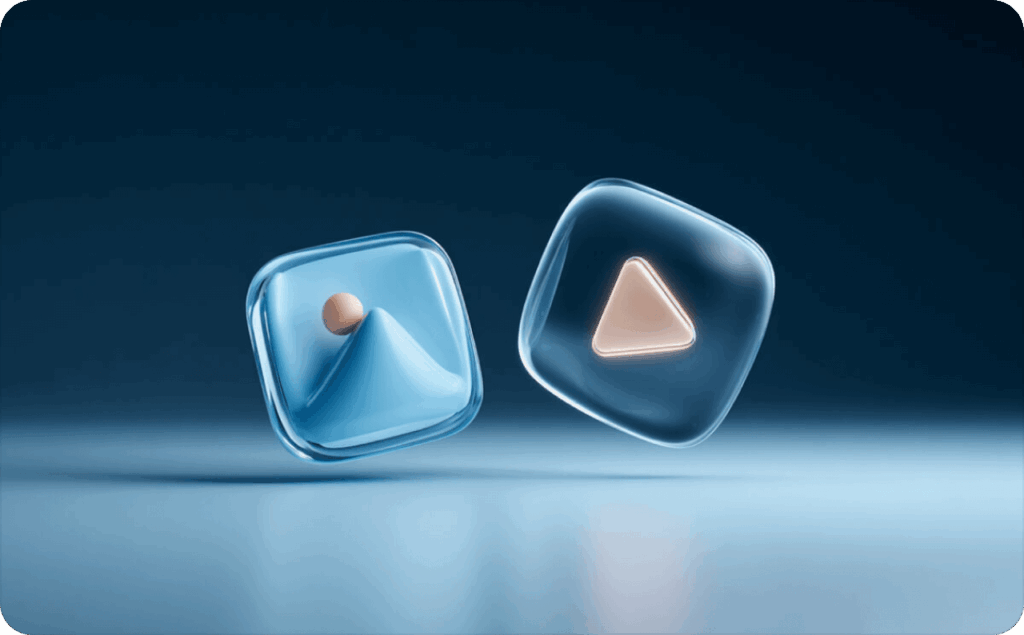 Two cubes on a blue background. One has a picture icon on it, and the other has a play icon.