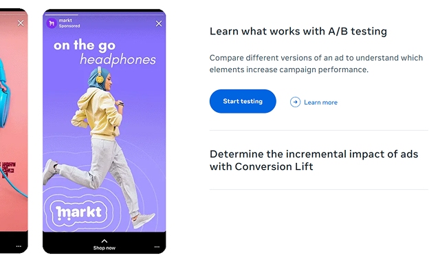 screenshot from Meta with call to action to learn more about A/b testing
