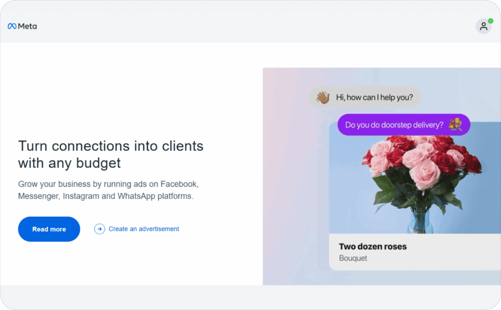 Screenshot of the Meta for business homepage