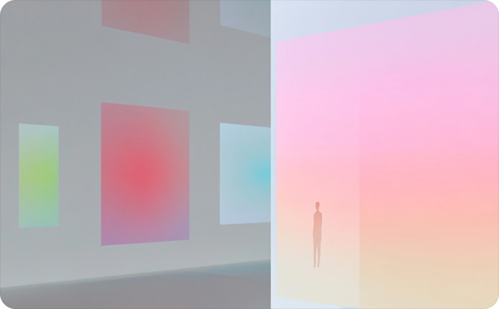 On the right side of the image is a human figure on a pink background. On the left side of the image are blue, red and green geometric shapes on a gray background.