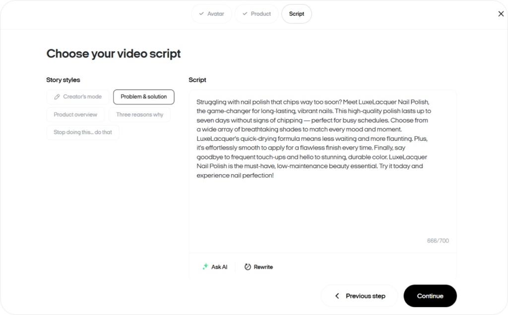 Screenshot of Zeely AI interface when choosing video script