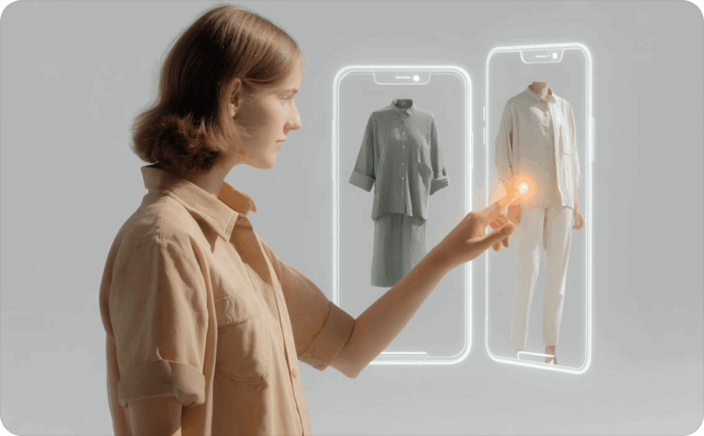 A girl with short hair in a beige T-shirt clicks on a touch screen.