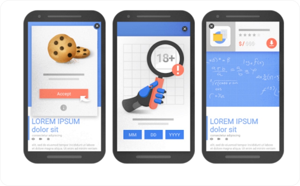 Three phone screens with interstitial ads