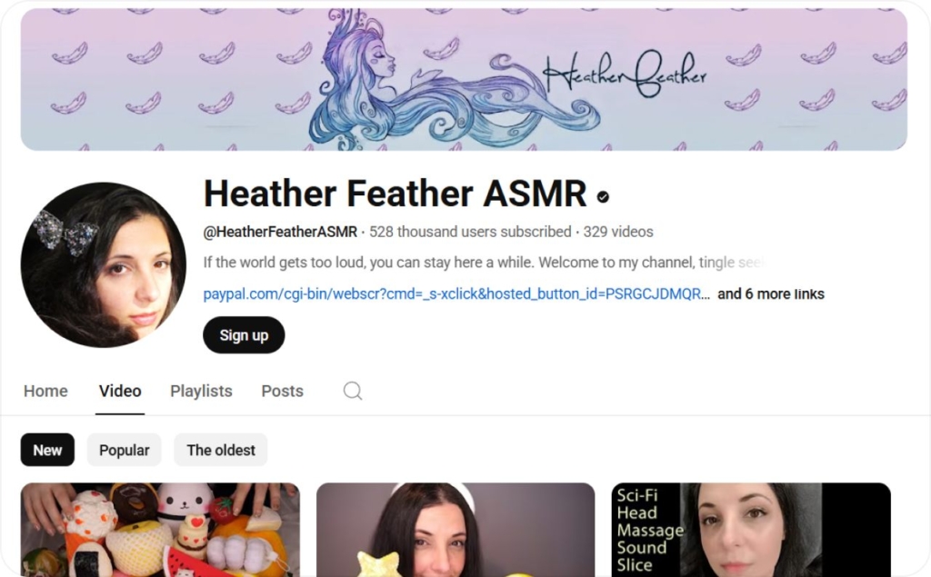Screenshot of Heather Feather ASMR YouTube channel