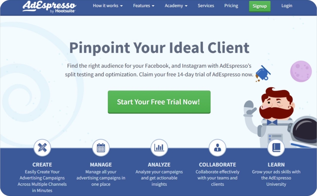 Screenshot of the homepage AdEspresso