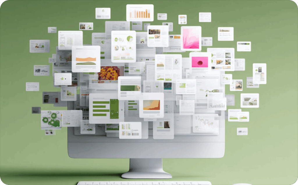 Computer on a green background. Instead of a screen, there are a large number of windows with different images