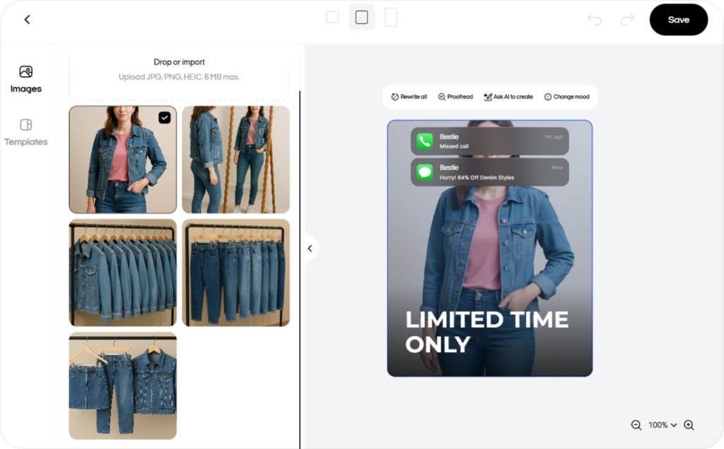 screenshot of Zeely AI interface when creating static ads in different formats for cross-platform advertising