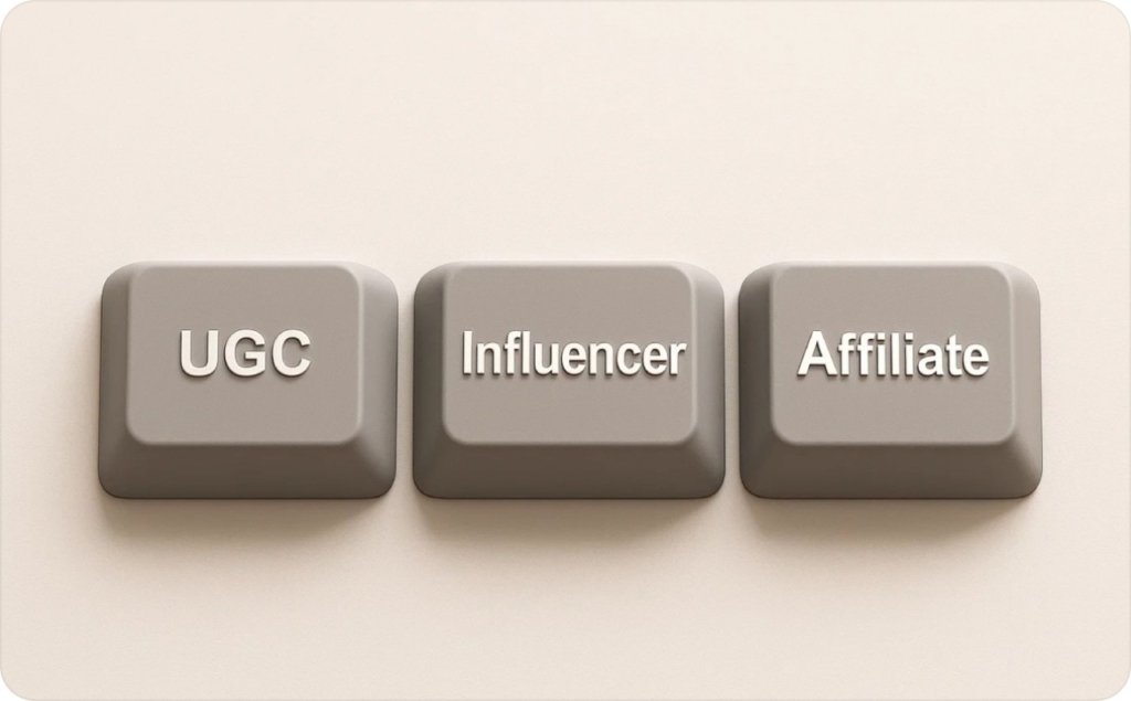Three buttons on a beige background with inscriptions UGC, Influencer, Affiliate