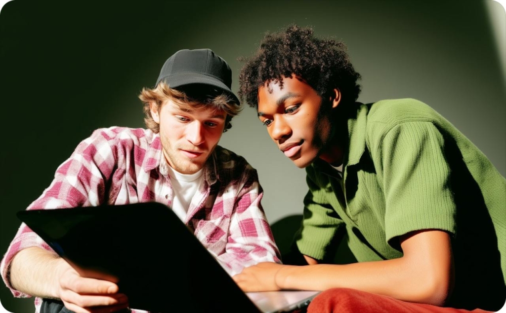 Two men are sitting and looking at a tablet, one is wearing a cap, he is dressed in a checkered shirt, the second is dressed in a green T-shirt