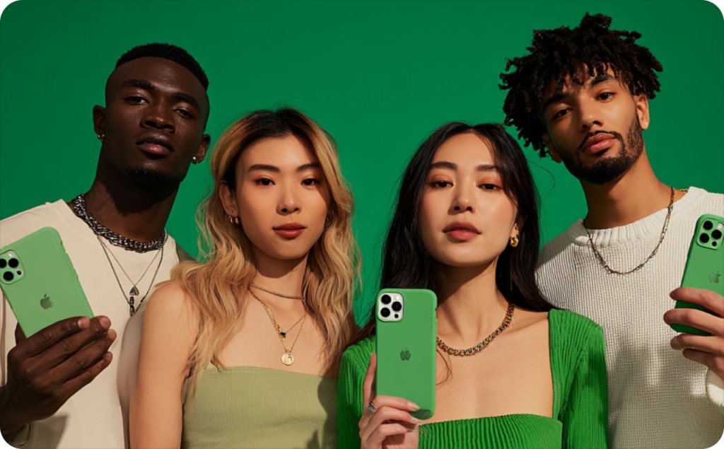 Two men and two women on a green background. One woman and the men are holding phones in green cases