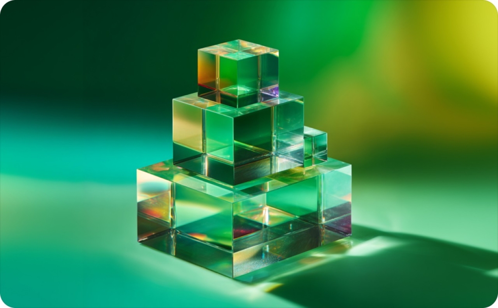 transparent cubes arranged in a pyramid on a green background