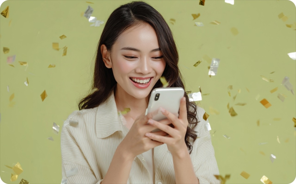 A girl with dark hair and a light shirt stands on a beige background with a phone in her hands