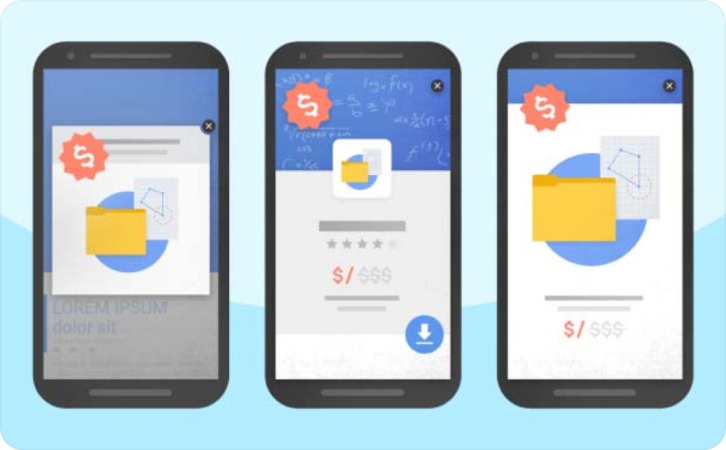 Three phone screens with ads