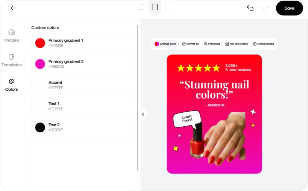 Screenshot of Zeely AI when customizing colors when creating static ad