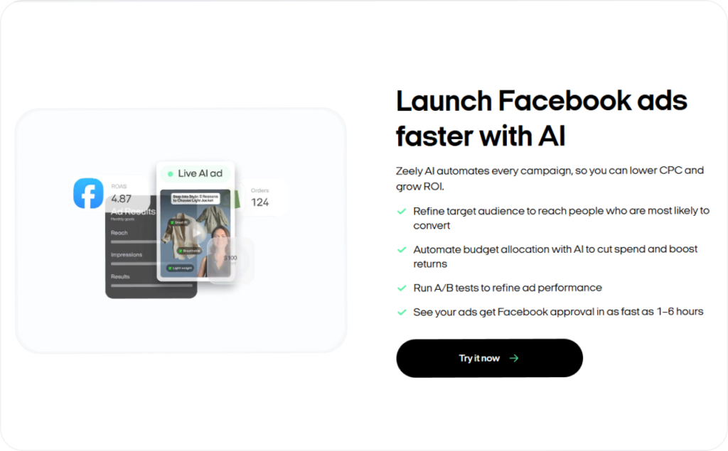 Screenshot from Zeely AI about launching Facebook ads with AI