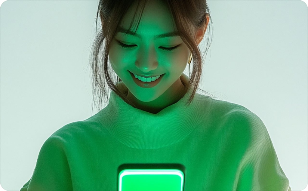 A girl in a light sweater holds a bright green phone in her hands