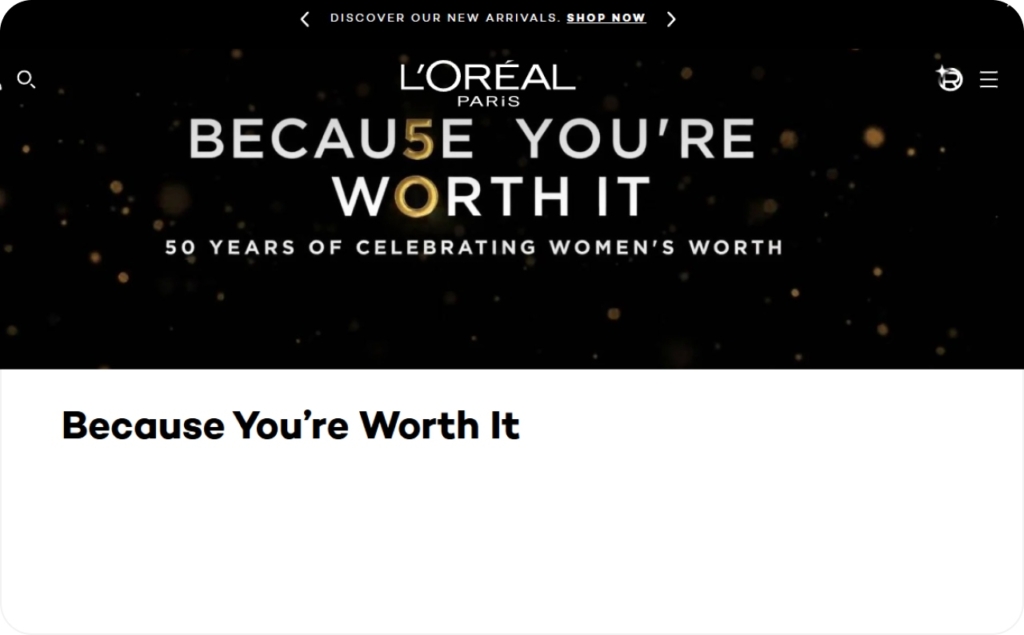 Screenshot of L'oreal hook «Because you're worth it» on their website