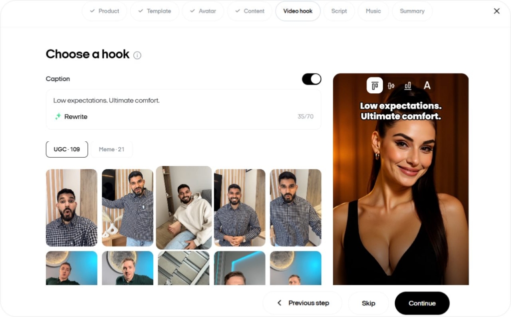 Screenshot of Zeely AI when choosing a hook for AI video ad