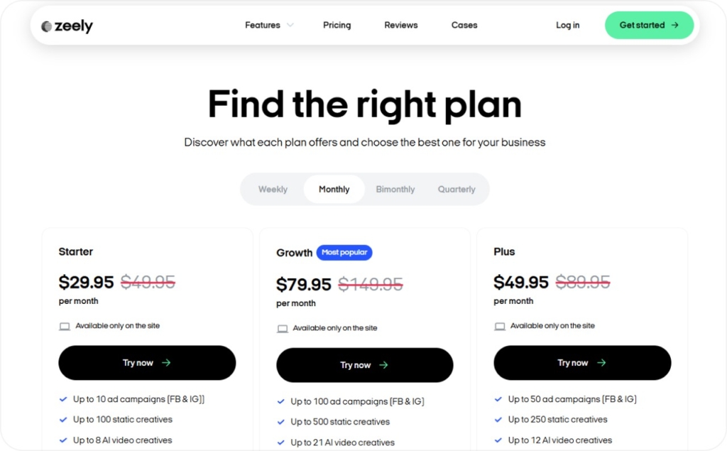 Screenshot of Zeely AI prices