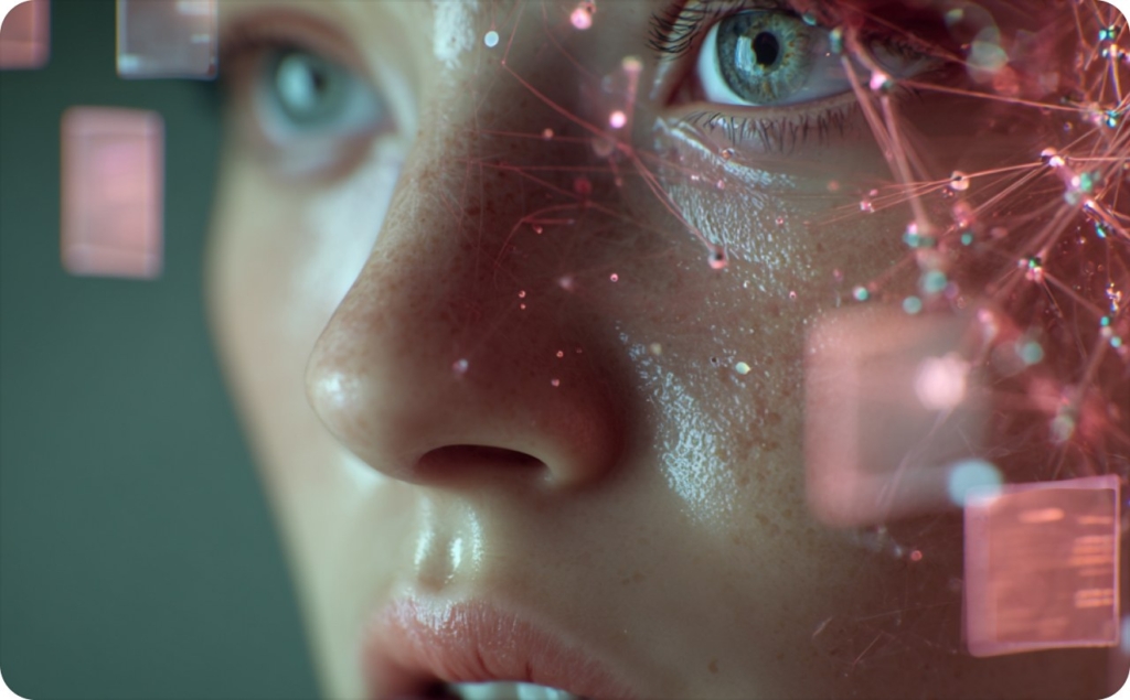 girl's face with green eyes, pink rectangles around her