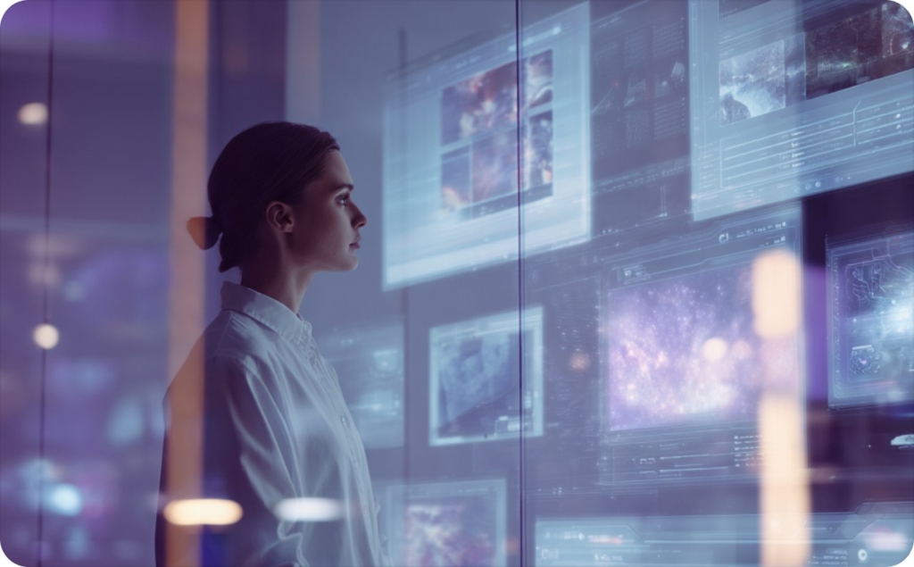a girl with her hair up and in a white shirt stands in front of the screens