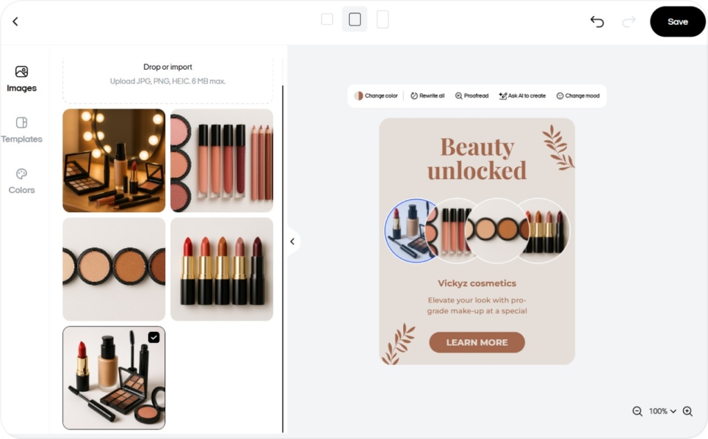 Screenshot of Zeely AI interface when creating static ads