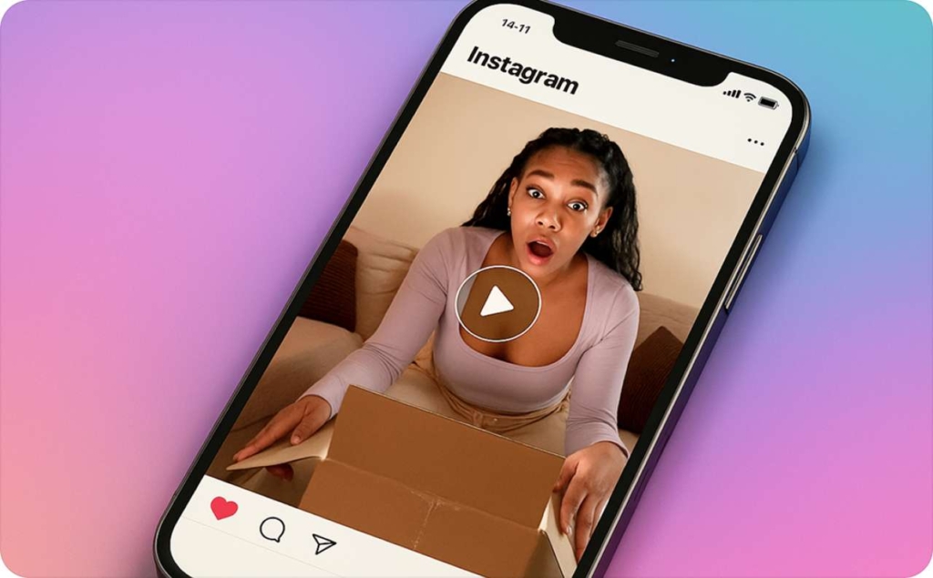 Instagram video with a woman who is surprisingly opens a box