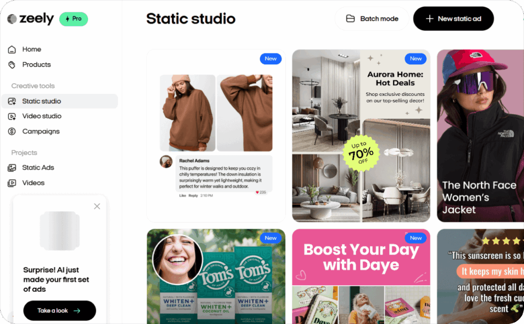 Screenshot of Zeely AI templates for static ads