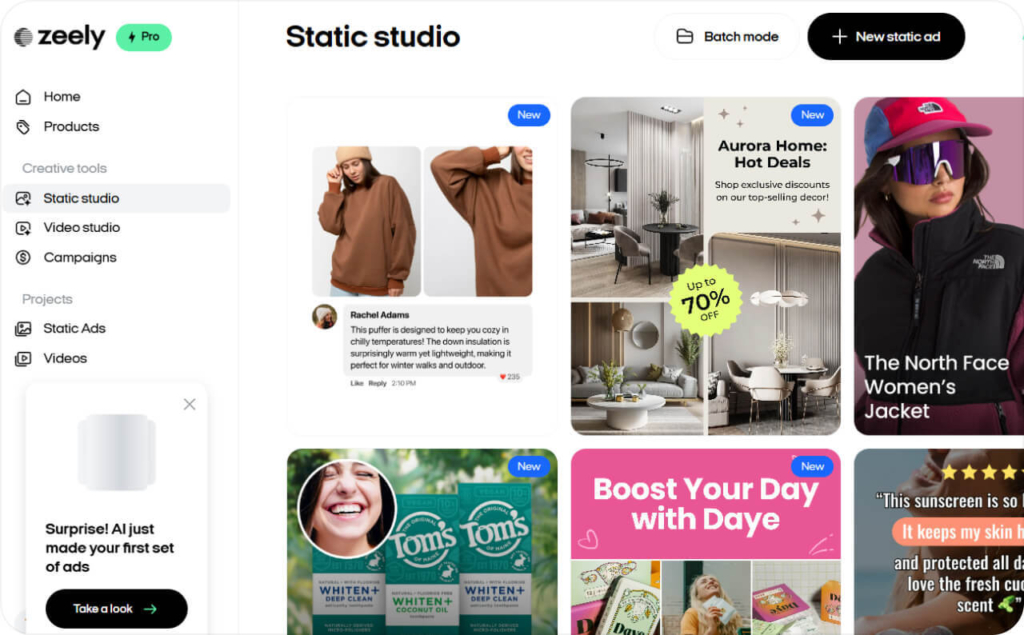 screenshot of static studio with templates