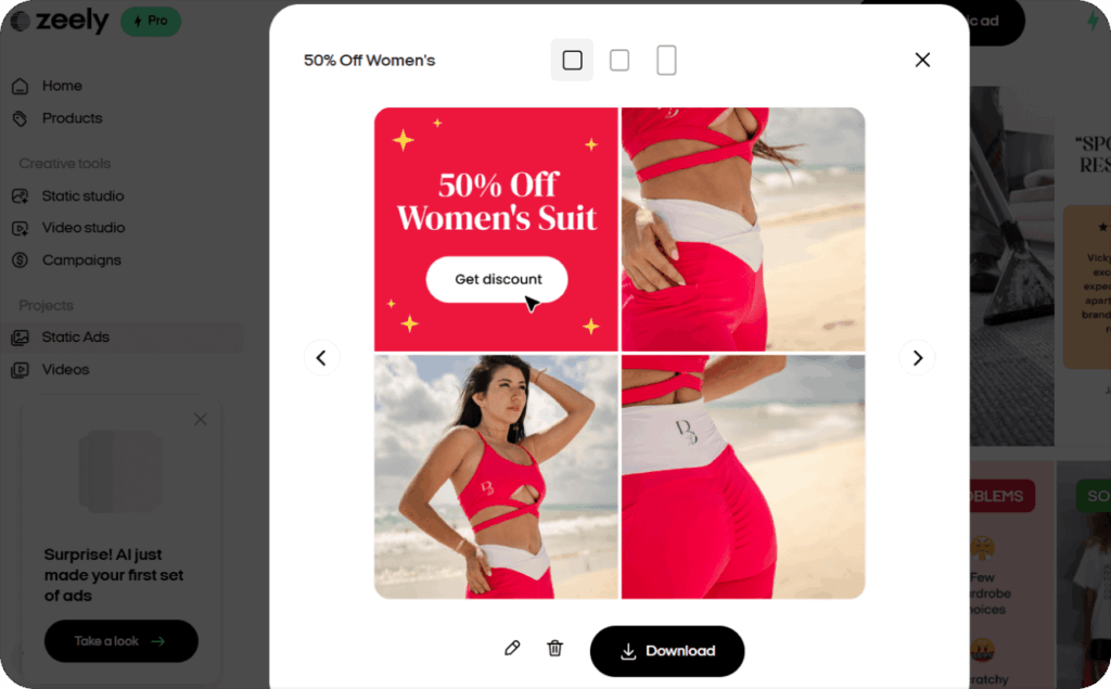 Screenshot of Zeely AI interface when downloading static ads