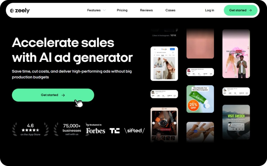 Screenshot of Zeely AI landing page "AI ad Generator"