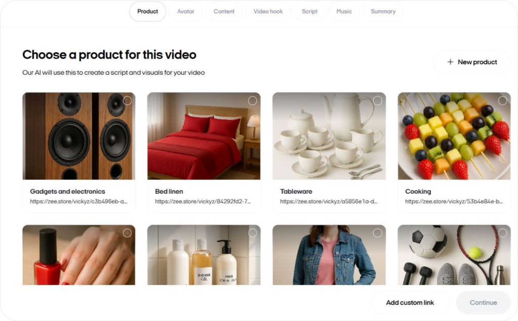 Screenshot of Zeely AI when choosing a product for video