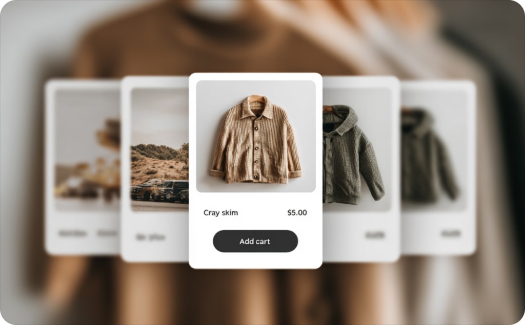 Cards with products and prices on a brown background