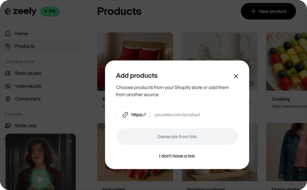 Screenshot of Zeely AI when adding products