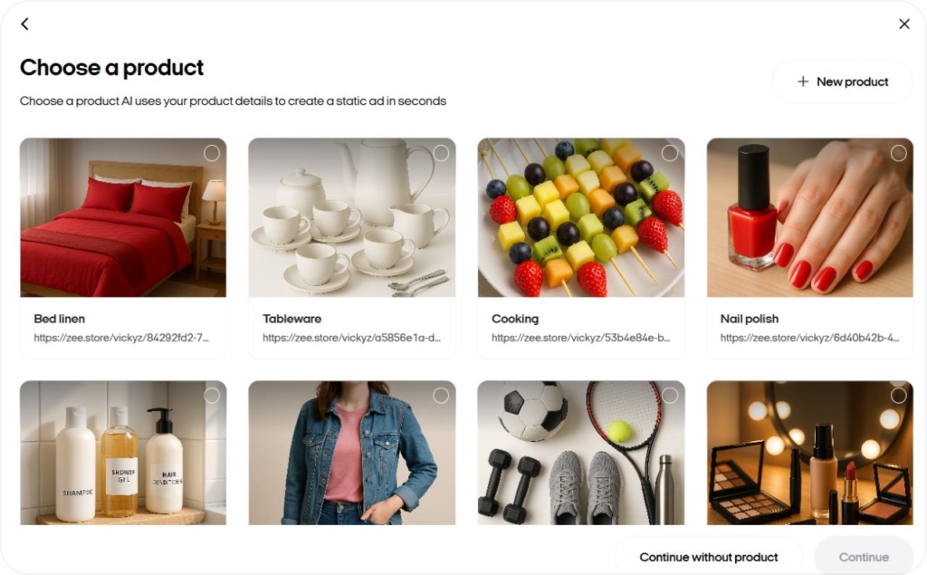 Zeely AI interface when choosing a product