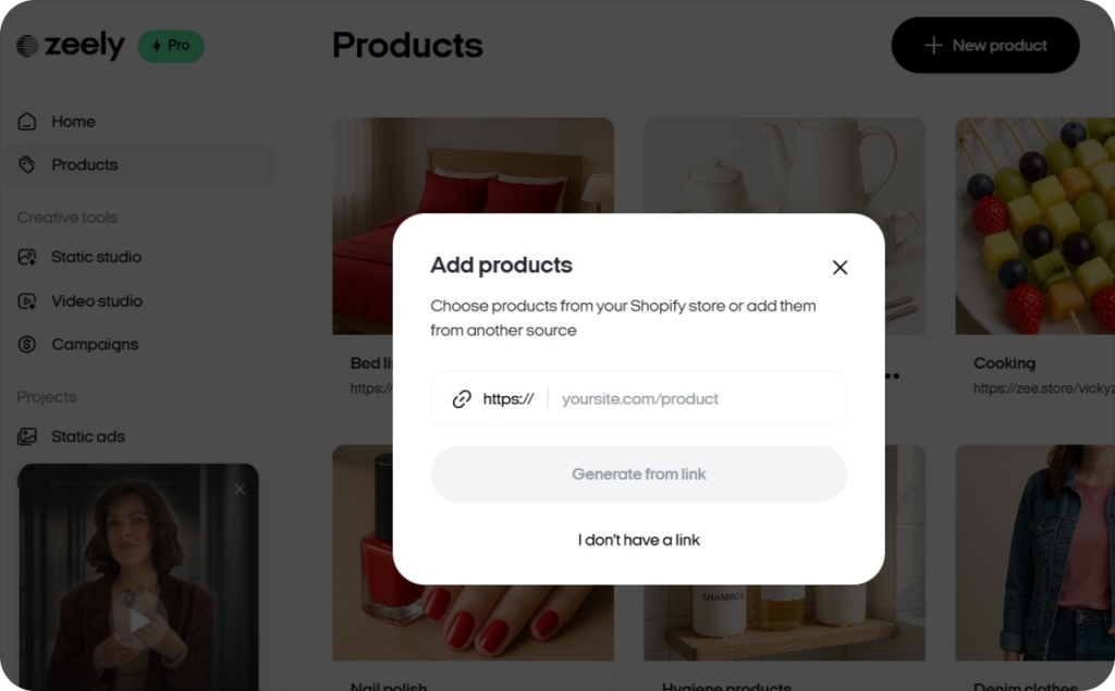 Screenshot of Zeely AI interface when adding products