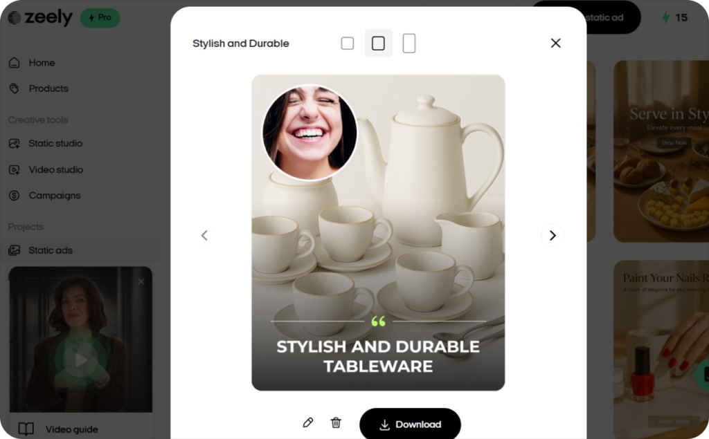 Zeely AI interface when saving static ad