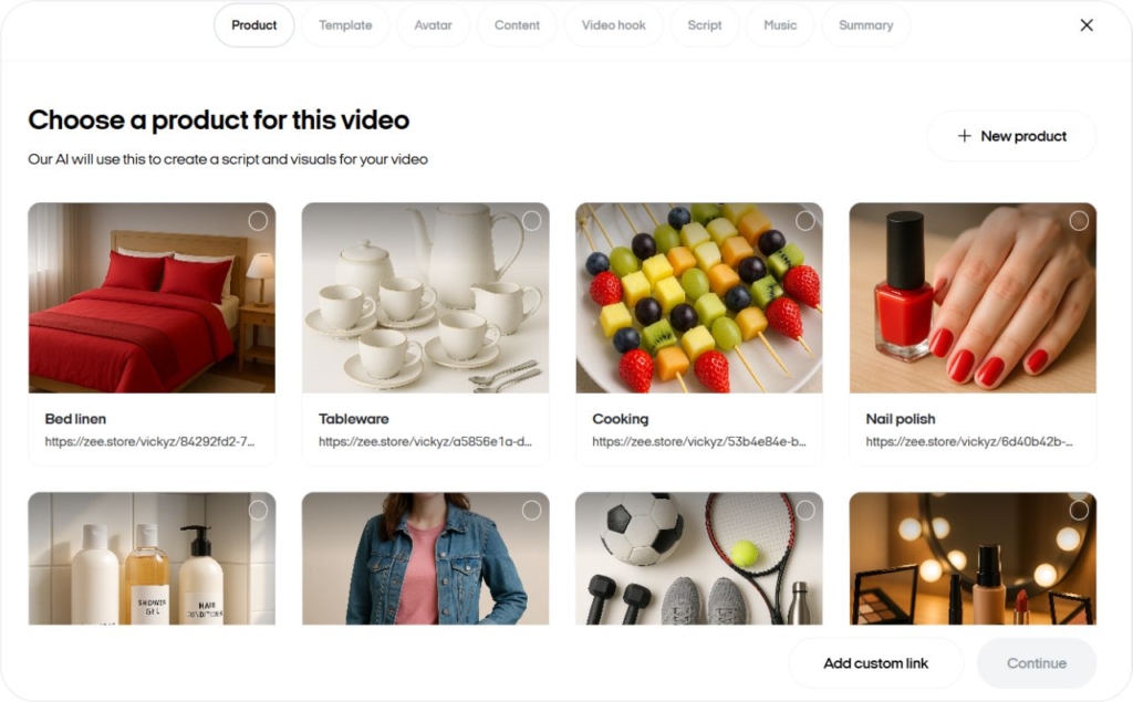 Screenshot of Zeely AI when choosing product for video