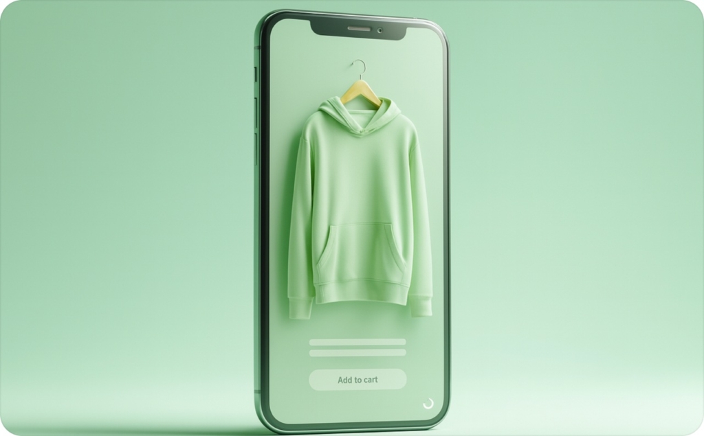 Phone with green sweater on the screen and add to cart inscription on the green background