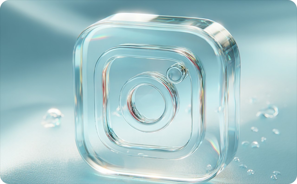 Transparent volumetric Instagram icon on a light blue background