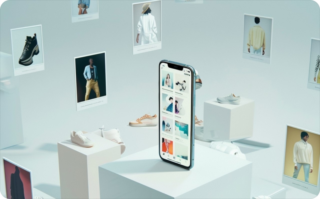 A bright room, a smartphone in the center, sneakers and photos around it