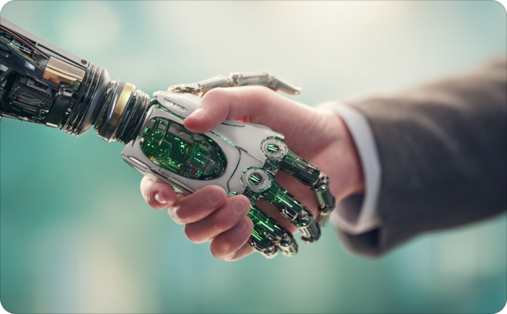 AI hand shaking human hand on blurred background