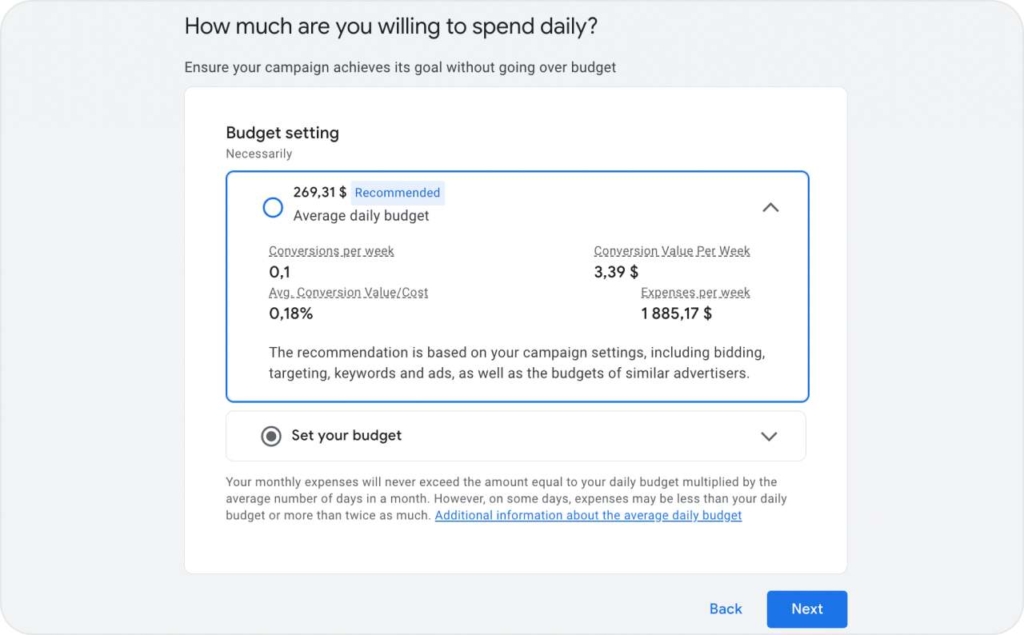 Google Advertising campaign creation budget page